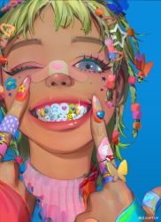 Rule 34 | 1girl, absurdres, bandaid, bandaid on face, bandaid on hand, bandaid on nose, beads, blue background, blue eyes, blue nails, braid, butterfly hair ornament, butterfly ring, commentary, dark-skinned female, dark skin, decora, english commentary, eyeshadow, eyeshadow under eye, flower sticker, frilled shirt collar, frills, green hair, green nails, grills, hair beads, hair ornament, hairclip, hello kitty, hello kitty (character), highres, jewelry, jisuart, lips, looking at viewer, makeup, multicolored eyes, multicolored nails, nail polish, nose, one eye closed, open mouth, orange nails, original, pink eyeshadow, pink lips, pink nails, portrait, purple eyes, ring, sanrio, shiny lips, simple background, smile, solo, star (symbol), star hair ornament, star sticker, sticker on face, teeth, twitter username