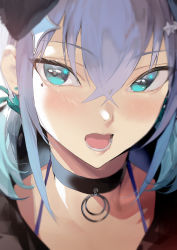 Rule 34 | 1girl, black choker, blue eyes, choker, commentary request, earrings, facial mark, hair between eyes, hair ornament, ikuchan kaoru, ikuchan kaoru (character), indie virtual youtuber, jewelry, light blush, looking at viewer, lower teeth only, open mouth, portrait, purple hair, solo, spaghetti strap, star (symbol), star earrings, star facial mark, star hair ornament, stud earrings, symbol in eye, teeth, virtual youtuber