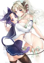 Rule 34 | 2girls, animal ears, ass, blonde hair, blue eyes, blush, breasts, butterfly hair ornament, carrot (robosquat), cat ears, cleavage, crop top, crossover, darling in the franxx, hair ornament, hand on another&#039;s shoulder, hayami saori, highres, horns, kimetsu no yaiba, kochou shinobu, kokoro (darling in the franxx), large breasts, long hair, long sleeves, looking at viewer, multiple girls, neck ribbon, one-piece thong, open mouth, purple eyes, purple hair, ribbon, school uniform, serafuku, short hair, short sleeves, skirt, smile, tail, thighhighs, underboob, voice actor connection, white background, wind, wind lift