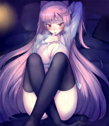 Rule 34 | 1girl, arm behind back, barefoot, biting, black thighhighs, blurry, blush, bokeh, breasts, cleavage, collared shirt, convenient leg, crossed legs, depth of field, female focus, gradient background, highres, indoors, large breasts, long hair, long sleeves, looking at viewer, moejin, on bed, original, parted lips, pillow, pink hair, reclining, red eyes, ruffling hair, seductive smile, see-through, shirt, sitting, smile, solo, thighhighs, thumb biting, toes, tsurime, very long hair, white shirt