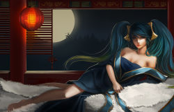 Rule 34 | 1boy, 1girl, bare legs, bare shoulders, blue eyes, blue hair, breasts, cleavage, full moon, hair ornament, jeny wang, lantern, league of legends, lips, looking at viewer, lying, master yi, moon, mountain, night, night sky, off shoulder, on side, paper lantern, silhouette, sky, sona (league of legends), twintails