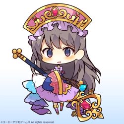 Rule 34 | 1girl, atelier (series), atelier totori, black hair, blue background, blush, chibi, copyright notice, full body, gradient background, hat, holding, holding staff, long hair, long sleeves, looking at viewer, muuran, official art, parted lips, pink hat, purple eyes, purple skirt, skirt, sleeves past wrists, smile, solo, staff, standing, totooria helmold, very long hair, watermark, white background, wide sleeves