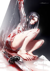Rule 34 | 1girl, against wall, bare legs, barefoot, blood, colored eyelashes, crotch, feet, foot focus, from below, glycyrrhizae, hair ornament, hairclip, indoors, katana, legs, long hair, looking at viewer, looking down, original, panties, red eyes, serious, sitting, soles, solo, sword, toes, underwear, water, weapon, wet