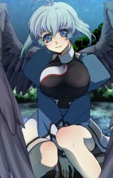 Rule 34 | 1girl, ahoge, ainu clothes, aquaplus, black wings, blue eyes, blue hair, blush, breasts, closed mouth, collared dress, covered collarbone, curvy, dress, feathered wings, hair between eyes, hands between legs, highres, kafein tyudoku, camyu, large breasts, large wings, long sleeves, outdoors, short hair, sidelocks, sitting, sky, smile, solo, thighs, tree, utawarerumono, water, wide hips, wings