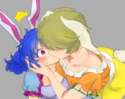 Rule 34 | 2girls, @ @, ^^^, ahoge, alternate eye color, alternate hair color, animal ears, blouse, blue hair, blush, braid, breasts, brown hair, chamaruk, collarbone, commentary, dress, fingernails, french kiss, frills, grey background, hair between eyes, hands on another&#039;s face, hands up, kiss, light brown hair, long fingernails, looking at another, medium breasts, medium hair, multiple girls, no headwear, open mouth, orange shirt, pink eyes, puffy short sleeves, puffy sleeves, purple dress, rabbit ears, rabbit tail, ringo (touhou), seiran (touhou), shirt, short hair, short sleeves, shorts, simple background, standing, surprised, sweat, sweatdrop, symbol-only commentary, t-shirt, tail, touhou, twin braids, v-shaped eyebrows, wide-eyed, yellow shorts, yuri