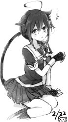 Rule 34 | 10s, 1girl, ahoge, bad id, bad pixiv id, braid, cat tail, dated, fingerless gloves, gloves, greyscale, hair flaps, hair ornament, kantai collection, kazuhito (1245ss), long hair, looking at viewer, monochrome, open mouth, school uniform, serafuku, shigure (kancolle), shigure kai ni (kancolle), single braid, sitting, solo, tail, yokozuwari