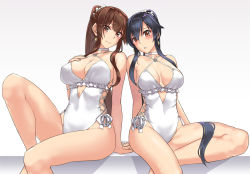 Rule 34 | 2girls, abo (hechouchou), anchor, bare arms, bare legs, bare shoulders, black hair, blush, breasts, brown eyes, brown hair, casual one-piece swimsuit, choker, closed mouth, collarbone, cosplay, criss-cross halter, earrings, flower, frilled one-piece swimsuit, frilled swimsuit, frills, hair between eyes, hair flower, hair ornament, hairband, halterneck, highleg, highleg swimsuit, jewelry, kantai collection, large breasts, long hair, matching outfits, medium breasts, multiple girls, one-piece swimsuit, open mouth, ponytail, sagiri (kancolle), sagiri (kancolle) (cosplay), side-tie swimsuit, swimsuit, very long hair, white choker, white one-piece swimsuit, yahagi (kancolle), yamato (kancolle)