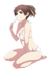 Rule 34 | 1girl, arm support, ban! (bansankan), bare legs, barefoot, between thighs, bikini, breasts, brown eyes, brown hair, cleavage, eating, food, food in mouth, full body, hair ornament, hair ribbon, highres, hirasawa ui, k-on!, looking at viewer, ponytail, popsicle, ribbon, seiza, short hair, simple background, sitting, skindentation, solo, swimsuit, toes, white background, white bikini