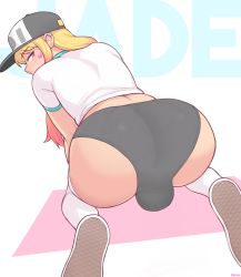 Rule 34 | 1boy, absurdres, ass, baseball cap, blonde hair, bulge, dross, from behind, gradient hair, hat, highres, jade (dross), looking back, male focus, multicolored hair, original, pink eyes, pink hair, short shorts, shorts, solo, thighhighs, trap