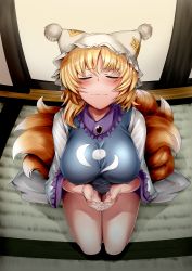 Rule 34 | 1girl, absurdres, animal ears, animal hat, blonde hair, blush, breasts, closed eyes, closed mouth, dress, fisheye, fox ears, from above, hat, highres, indoors, large breasts, mizuga, mob cap, multiple tails, own hands together, mob cap, seiza, short hair, sitting, sliding doors, solo, tabard, tail, tatami, touhou, white dress, wide sleeves, yakumo ran