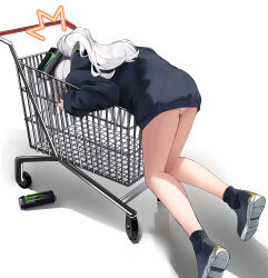 Rule 34 | 1girl, ^^^, absurdres, ass, bare legs, black footwear, blue archive, can, commentary request, drink can, energy drink, grey hair, hare (blue archive), highres, hood, hoodie, in shopping cart, long hair, long sleeves, monster energy, panties, pomegranate nana, ponytail, shopping cart, simple background, soda can, solo, underwear, white background, white panties