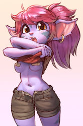 Rule 34 | 1girl, animal ears, areola slip, arms up, beige background, blush, breasts, brown shorts, clothes lift, crossed arms, earrings, female focus, gradient background, groin, highres, jaggy lines, jewelry, league of legends, lifted by self, long hair, looking at viewer, medium breasts, navel, no bra, no humans, open fly, open mouth, orange eyes, pink hair, ponytail, red shirt, shirt, shirt lift, short shorts, shorts, simple background, solo, stomach, teeth, tristana, unbuttoned, undressing, wamudraws, yordle
