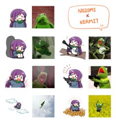 Rule 34 | 10s, 1girl, bowwow (hamju94), chibi, flower, flying, green eyes, gun, instrument, kermit the frog, long hair, love live!, love live! school idol project, muppets, open mouth, photo-referenced, purple hair, smile, tojo nozomi, twintails, weapon