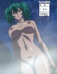 Rule 34 | 00s, 1girl, animation cel, breasts, dark-skinned female, dark skin, female focus, green hair, ikkitousen, large breasts, looking at viewer, lowres, navel, night, nipples, nude, onsen, outdoors, pussy, ryofu housen, solo, twintails