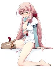 Rule 34 | 10s, 1girl, aftersex, akashi (kancolle), arm support, barefoot, blush, bolze, bottomless, breasts, cleavage, commentary, cum, cumdrip, feet, green eyes, hair ribbon, highres, juliet sleeves, kantai collection, layered sleeves, long hair, long sleeves, looking at viewer, no bra, parted lips, pink hair, puffy sleeves, ribbon, short over long sleeves, short sleeves, single thighhigh, solo, sweat, thighhighs, tress ribbon, twintails, twitter username, white background