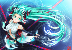 Rule 34 | 1girl, aqua eyes, aqua hair, belt, breasts, bridal gauntlets, elbow gloves, female focus, fingerless gloves, from above, gloves, hatsune miku, hatsune miku (append), highres, long hair, navel, necktie, solo, todee, twintails, very long hair, vocaloid, vocaloid append