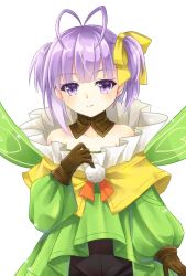 Rule 34 | 1girl, antenna hair, bare shoulders, breasts, brown gloves, detached collar, dress, fairy, fairy wings, fate/grand order, fate (series), gloves, green dress, hair ribbon, iris yayoi, long sleeves, looking at viewer, murian (fate), official art, purple eyes, purple hair, ribbon, short hair, shorts, small breasts, smile, solo, wings, yellow ribbon