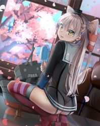 Rule 34 | 1girl, absurdres, amatsukaze (kancolle), ass, black dress, blush, cherry blossoms, commentary request, day, dress, food, hair tubes, highres, holding, indoors, kantai collection, kotoba suzu, long hair, long sleeves, open mouth, petals, popsicle, red legwear, rensouhou-kun, sailor collar, sailor dress, see-through, silver hair, squatting, strap, striped, tree, two side up, window, yellow eyes