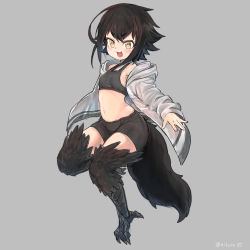 Rule 34 | 1girl, :3, :d, bike shorts, black hair, camisole, fang, flat chest, grey background, hood, hoodie, nyifu, open clothes, open hoodie, open mouth, original, short hair, simple background, smile, solo, tail, yellow eyes