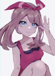 Rule 34 | 1girl, absurdres, asatte 3z, bare shoulders, blue eyes, bow, brown hair, closed mouth, creatures (company), game freak, hair bow, highres, looking at viewer, may (pokemon), nintendo, pokemon, pokemon oras, red bow, red shirt, shirt, sleeveless, sleeveless shirt, smile, solo, waving, white background
