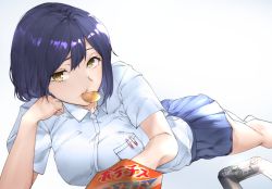 Rule 34 | 1girl, bad id, bad pixiv id, bag of chips, blue skirt, breast pocket, breasts, chips (food), collared shirt, food, food in mouth, lying, medium breasts, miniskirt, nijisanji, on stomach, playstation controller, pleated skirt, pocket, purple hair, shirt, shizuka rin, short hair, short sleeves, skirt, solo, uneven eyes, virtual youtuber, white shirt, yellow eyes, ymok