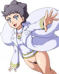 Rule 34 | 1girl, :d, belt, black hair, blue eyes, bottomless, breasts, choker, creatures (company), crossed legs, diantha (pokemon), dutch angle, eyelashes, eyeshadow, female pubic hair, game freak, isu, jacket, jewelry, long sleeves, lowres, makeup, mega pokemon, mega stone, necklace, nintendo, open clothes, open jacket, open mouth, outstretched arm, pokemon, pokemon xy, pubic hair, pussy, shirt, short hair, simple background, small breasts, smile, solo, standing, tongue, very short hair, watson cross, when you see it, white background, white jacket, white shirt, yellow belt