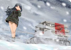 Rule 34 | 10s, 1girl, black footwear, black hair, black skirt, black vest, blizzard, blue eyes, boots, building, closed mouth, cloud, cloudy sky, day, emblem, frown, girls und panzer, green jacket, hand in own hair, highres, inou takashi, is-2, jacket, long hair, long sleeves, looking at viewer, military, military uniform, military vehicle, miniskirt, motor vehicle, nonna (girls und panzer), outdoors, pleated skirt, pravda (emblem), pravda military uniform, red shirt, shirt, skirt, sky, snow, solo, standing, swept bangs, tank, uniform, vest, wind
