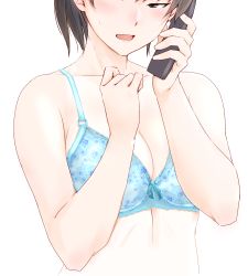 Rule 34 | 1girl, amagami, black eyes, black hair, blush, bra, breasts, cleavage, commentary request, head out of frame, holding, holding phone, large breasts, lingerie, one-piece tan, open mouth, phone, ponytail, sasaki akira (ugc), simple background, solo, sweatdrop, tan, tanline, tsukahara hibiki, underwear