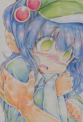 Rule 34 | 1girl, absurdres, backpack, bad id, bad pixiv id, bag, blue hair, blush, colored pencil (medium), empty eyes, green eyes, hair bobbles, hair ornament, hat, highres, holding, kawashiro nitori, kitazinger, long sleeves, nose blush, open mouth, scared, short hair, solo, solo focus, touhou, traditional media, twintails, two side up, wide sleeves