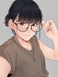Rule 34 | 1girl, absurdres, adjusting eyewear, bad id, bad pixiv id, black hair, blush, brown eyes, brown shirt, closed mouth, earrings, glasses, grey background, hand up, highres, jewelry, looking at viewer, nail polish, necklace, original, saitou (lynx-shrike), shirt, short hair, short sleeves, simple background, solo
