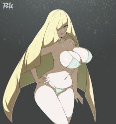 Rule 34 | 1girl, bikini, blonde hair, breasts, cleavage, covered erect nipples, cowboy shot, creatures (company), curvy, game freak, green eyes, grey background, hair over one eye, hand on own hip, highres, huge breasts, lips, long hair, looking at viewer, lusamine (pokemon), navel, nintendo, parted lips, pokemon, pokemon sm, r3dfive, shiny skin, sideboob, smile, solo, standing, swimsuit, very long hair, wide hips