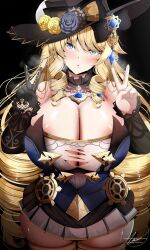Rule 34 | 1girl, alternate breast size, artist name, astraea (atelierastraea), black gloves, blonde hair, blue eyes, blush, breasts, cleavage, commentary, double v, dress, drill hair, english commentary, flower, genshin impact, glaze artifacts, gloves, hair flower, hair ornament, head tilt, highres, huge breasts, long hair, looking at viewer, navia (genshin impact), paid reward available, parted lips, sidelocks, signature, single glove, solo, strapless, strapless dress, suggestive fluid, thick thighs, thighs, torn clothes, torn dress, twin drills, undersized clothes, v, very long hair