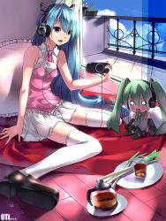 Rule 34 | 2girls, aqua eyes, bad id, bad pixiv id, bed, blue hair, frilled pillow, frills, hachune miku, handheld game console, hatsune miku, highres, legs, lips, long hair, multiple girls, necktie, open mouth, pillow, pink eyes, playing games, playstation portable, sitting, skirt, sky, spring onion, tea, thighhighs, very long hair, video game, vocaloid, window, yykuaixian, zettai ryouiki