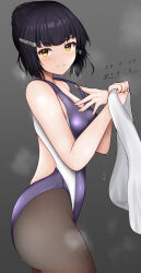 Rule 34 | 1girl, abataa, absurdres, alternate costume, black hair, black pantyhose, breasts, competition swimsuit, cowboy shot, fishnet pantyhose, fishnets, from side, hair bun, hair ornament, hairclip, highleg, highleg swimsuit, highres, holding, holding towel, kantai collection, looking at viewer, medium breasts, myoukou (kancolle), one-piece swimsuit, pantyhose, pantyhose under swimsuit, purple one-piece swimsuit, single hair bun, smile, solo, standing, swimsuit, towel, two-tone swimsuit, white one-piece swimsuit, yellow eyes