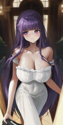 Rule 34 | 1girl, 1other, :t, absurdres, averting eyes, bare shoulders, blunt bangs, blurry, blurry background, blush, breasts, bright pupils, cleavage, collarbone, commentary request, covered navel, doorway, dress, fern (sousou no frieren), half updo, highres, holding, holding clothes, large breasts, long dress, long hair, pov, pov doorway, purple eyes, purple hair, ribbed dress, sheng zhidou, solo focus, sousou no frieren, strapless, strapless dress, very long hair, white pupils