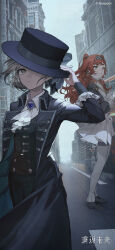 Rule 34 | 2girls, absurdres, black coat, blonde hair, brooch, building, bus, coat, double-decker bus, dress, fog, formal, frilled dress, frills, green eyes, hat, highres, jewelry, london, motor vehicle, multiple girls, official art, official wallpaper, outdoors, red hair, reverse:1999, road, sonetto (reverse:1999), standing, steam, street, suit, thighhighs, tuxedo, vertin (reverse:1999), white thighhighs, yellow eyes, yetecong