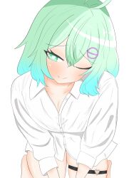 Rule 34 | 1girl, ;), ahoge, all fours, blush, breasts, bright pupils, cleavage, closed mouth, collared shirt, commentary request, crossed bangs, double-parted bangs, dress shirt, feet out of frame, foreshortening, green hair, hair between eyes, head tilt, heart, heart-shaped pupils, heart o-ring, highres, komeiji koishi, long sleeves, looking at viewer, medium hair, naked shirt, no headwear, o-ring, o-ring thigh strap, one eye closed, raised eyebrows, seductive smile, shiny skin, shirt, simple background, smile, solo, split mouth, symbol-shaped pupils, thigh strap, tokihakonbu, touhou, tsurime, white background, white pupils, white shirt