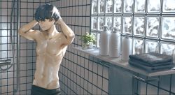 Rule 34 | 1boy, brown eyes, brown hair, collarbone, commentary request, hair between eyes, hands up, highres, ishida (segu ishida), male focus, original, parted lips, plant, potted plant, shampoo bottle, short hair, showering, solo, tile wall, tiles, toned, toned male, topless male, towel, upper body, very short hair, wet, window
