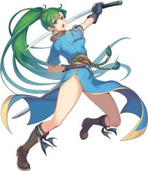 Rule 34 | 1girl, boots, brown footwear, dress, earrings, fingerless gloves, fire emblem, fire emblem: the blazing blade, full body, gloves, green eyes, green hair, holding, holding sword, holding weapon, jewelry, kokouno oyazi, long hair, lyn (fire emblem), nintendo, open mouth, pelvic curtain, ponytail, side slit, simple background, solo, sword, very long hair, weapon, white background