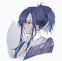 Rule 34 | 1girl, angelia (girls&#039; frontline), blue hair, blue jacket, blueblossom, closed mouth, girls&#039; frontline, highres, jacket, long sleeves, looking away, medium hair, open clothes, open jacket, profile, scar, scar on chest, scar on face, shirt, short ponytail, sidelocks, simple background, solo, upper body, white background, white shirt, yellow eyes
