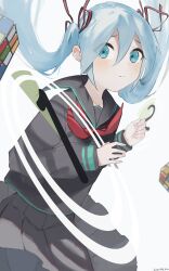 Rule 34 | 1girl, absurdres, aqua eyes, artist name, black ribbon, black sailor collar, black serafuku, black skirt, blue hair, blush, check copyright, closed mouth, commentary request, copyright request, countdown, cowboy shot, dot nose, dou iu koto nano!? (vocaloid), eyes visible through hair, floating hair, hair between eyes, hair ribbon, hands up, hatsune miku, highres, kurobeko (kur0bek0), long hair, long sleeves, looking at viewer, looking to the side, neckerchief, official alternate costume, pleated skirt, raised eyebrows, red neckerchief, ribbon, rubik&#039;s cube, sailor collar, school uniform, serafuku, sidelocks, sideways glance, single vertical stripe, skirt, solo, thick eyelashes, three quarter view, twintails, v-shaped eyebrows, vocaloid, white background
