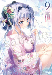 Rule 34 | 1girl, 9-nine-, bare legs, blue eyes, blue flower, blue hair, blunt bangs, blush, bow, breasts, cherry blossom print, cherry blossoms, closed mouth, company name, copyright name, eyelashes, floral print, flower, folded ponytail, green bow, hair bow, hair flower, hair intakes, hair ornament, hand on own thigh, hand up, head tilt, highres, izumi tsubasu, japanese clothes, kimono, kousaka haruka, large breasts, long hair, looking at viewer, official art, pink kimono, playing with hair, red flower, ripples, sample watermark, sidelocks, smile, soaking feet, solo, tassel, tassel hair ornament, thighs, very long hair, water, watermark