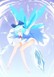 Rule 34 | 1girl, arms up, bad id, bad pixiv id, barefoot, blue dress, blue eyes, blue hair, bow, cirno, danmaku, dress, female focus, hair bow, ice, large bow, legs, matching hair/eyes, nanahime, short hair, solo, embodiment of scarlet devil, touhou, wings