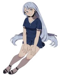 Rule 34 | 10s, 1girl, bad id, bad pixiv id, blue dress, blue eyes, blue hair, blush, boku no hero academia, breasts, closed mouth, collarbone, dress, full body, hadou nejire, happy, head tilt, invisible chair, long hair, looking at viewer, matching hair/eyes, pleated dress, shoes, short sleeves, simple background, sitting, smile, solo, strawberryjamm, very long hair, white background