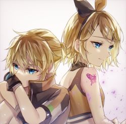 Rule 34 | 1boy, 1girl, aryuma772, back-to-back, bare arms, black bow, black gloves, black hairband, blonde hair, blue eyes, bow, bow hairband, brother and sister, butterfly tattoo, closed mouth, gloves, hair ornament, hairband, hairclip, highres, kagamine len, kagamine rin, orange bow, short hair, short ponytail, shoulder blades, shoulder tattoo, siblings, swept bangs, tattoo, twitter username, two-tone bow, upper body, vocaloid, white background