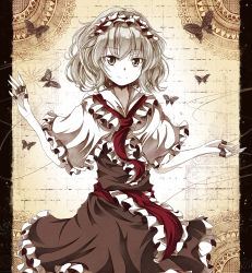 Rule 34 | 1girl, alice margatroid, bad id, bad pixiv id, bug, butterfly, capelet, dress, female focus, hairband, highres, bug, jewelry, monochrome, pillarboxed, puppet rings, puppet strings, ring, sash, smile, solo, tamago gohan, touhou