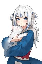 Rule 34 | 1girl, :3, absurdres, animal, arch 05x, blue dress, blue eyes, blue hair, blue hoodie, blunt bangs, blush, cat, closed mouth, commentary, dress, english commentary, gawr gura, gawr gura (1st costume), hair ornament, highres, holding, holding animal, holding cat, hololive, hololive english, hood, hood down, hoodie, long hair, long sleeves, looking at viewer, multicolored hair, shark hair ornament, simple background, smile, solo, streaked hair, two-tone hair, two side up, upper body, virtual youtuber, white background, white cat, white hair, wide sleeves