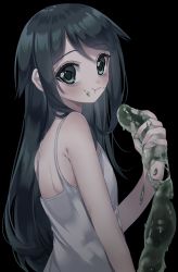 Rule 34 | 1girl, :t, absurdres, aqua eyes, azen (mntimcczgrtn), bags under eyes, bare shoulders, black background, black hair, dress, eating, female focus, food, food on face, highres, long hair, looking at viewer, saya (saya no uta), saya no uta, simple background, slime (substance), solo, sundress, turning head, white dress