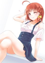 Rule 34 | 1girl, ;), ahoge, arm behind head, arm support, asymmetrical sleeves, blouse, blush, braid, breasts, brown hair, cleavage, crossed legs, frapowa, frilled shirt, frills, hair ribbon, hand in own hair, heart, looking at viewer, love live!, love live! school idol festival, love live! sunshine!!, medium breasts, off shoulder, one eye closed, red eyes, ribbon, shirt, short hair, side braid, sitting, skirt, smile, solo, suspender skirt, suspenders, takami chika, uneven sleeves, white shirt, yellow ribbon