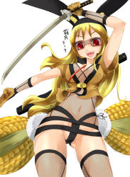 Rule 34 | 00s, 1girl, :d, animal ears, arm up, armpits, breasts, cameltoe, character name, cleavage, cleft of venus, corn, corn cob, crop top, elbow gloves, fat mons, fighting stance, fishnet thighhighs, fishnet top, fishnets, getsumento heiki miina, glasses, gloves, goggles, groin, halmina goldberg, hat, holding, imazon, japanese clothes, katana, leotard, long hair, looking at viewer, magical girl, midriff, navel, ninja, no bra, no panties, open mouth, outstretched arm, partially visible vulva, rabbit ears, rabbit tail, red eyes, revealing clothes, see-through, see-through leotard, shimotsuki mina, shirt, simple background, smile, solo, standing, sunglasses, sword, tail, thighhighs, tinted eyewear, very long hair, weapon, white background, wide hips